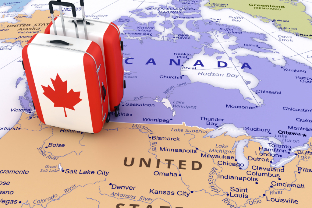 Carte de l'Amérique du Nord avec une valise canadienne dessus