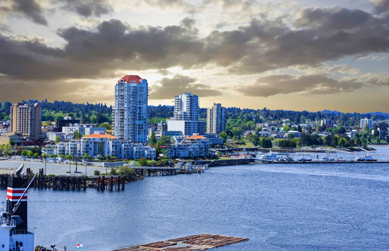 Nanaimo, BC showing residential and downtown areas.