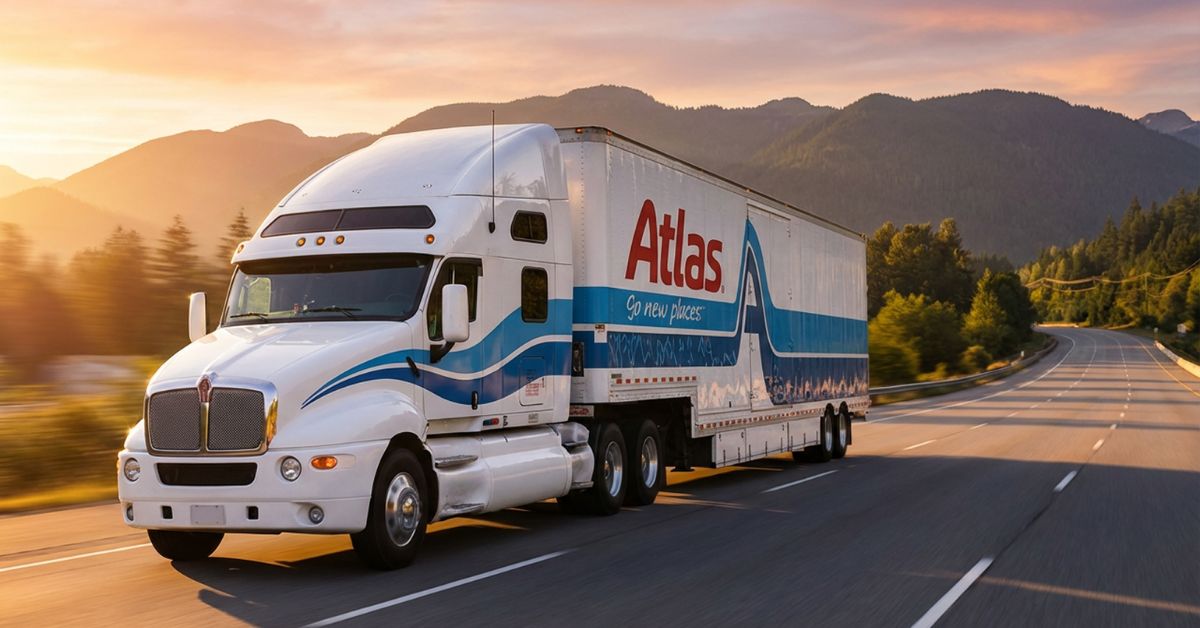 An Atlas truck travels along a road with majestic mountains rising in the background.