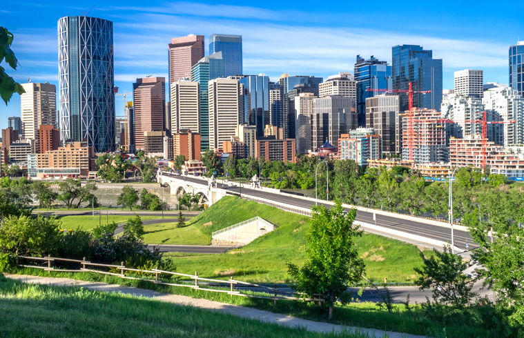 Calgary skyline with modern high‑rise towers and green park foreground, showcasing urban design and natural space.
