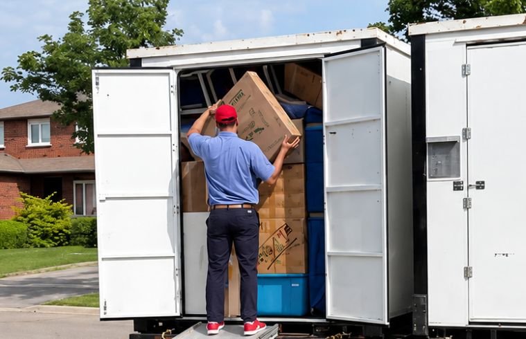 A man loading cardboard boxes into the back of a moving truck on a sunny day.