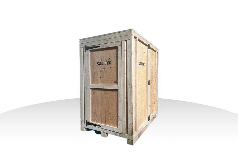 A wooden box featuring a hinged door, showcasing its rustic design and craftsmanship.