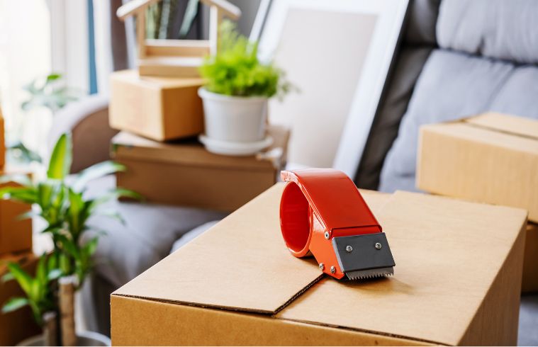 A red belt resting on a moving box, indicating items being organized for relocation.