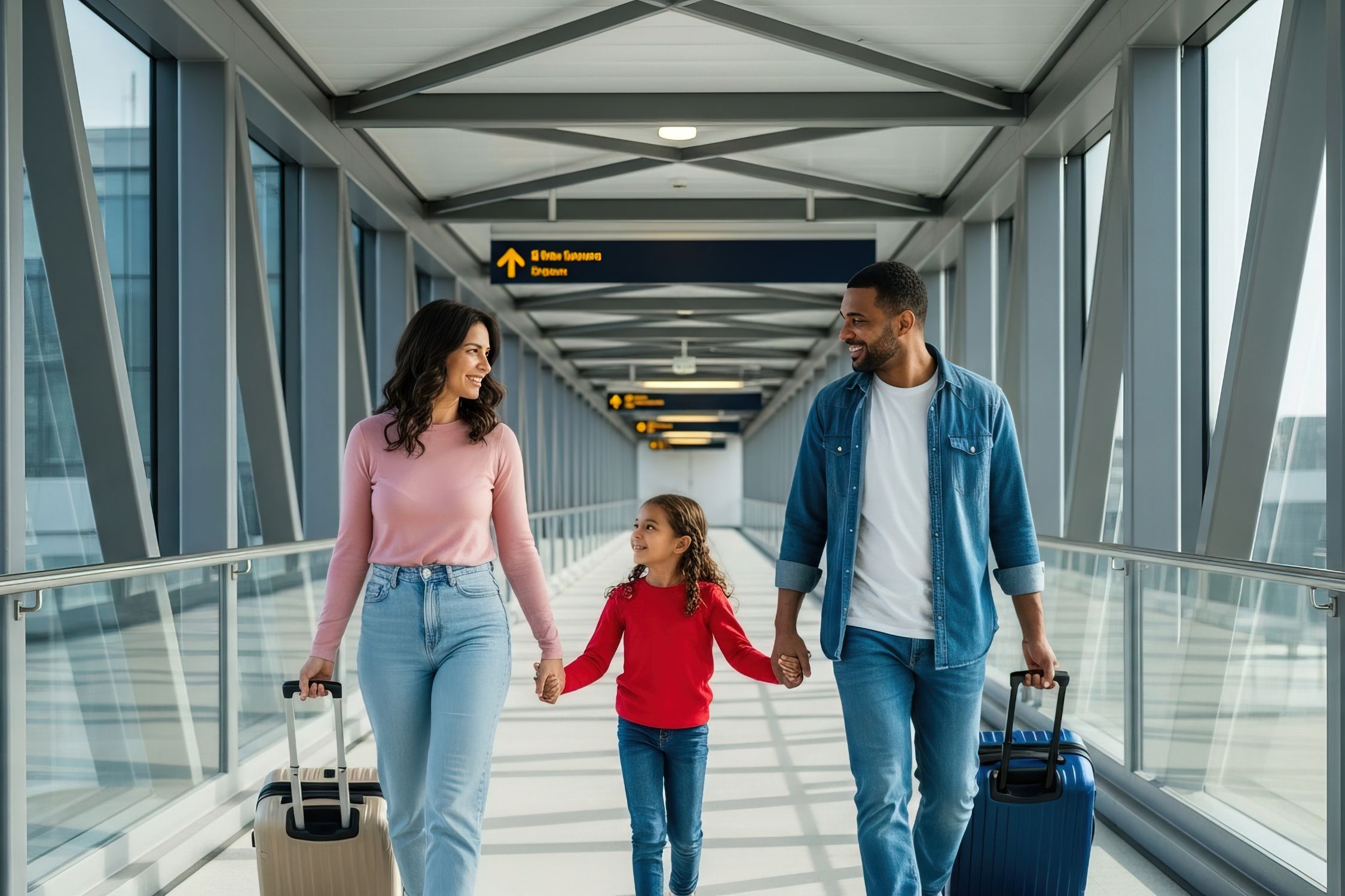 Une famille traverse un terminal d'aéroport, chacun portant des bagages et regardant les panneaux d'affichage des départs.